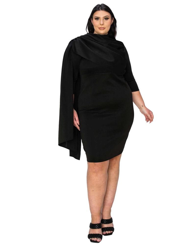 Front of a model wearing a size 14|16 Dahlia Sash Cape Dress in Black by L I V D. | dia_product_style_image_id:347102